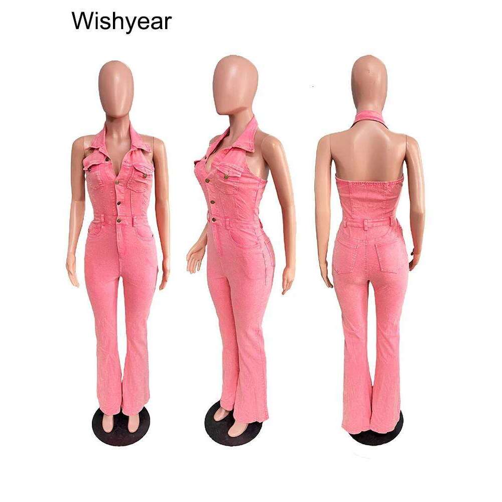 Fashion Army Green Denim Jumpsuit Women Halter Sleeveless Backless Wide Leg Pants Rompers Streetwear One Pieces Jeans Outfits