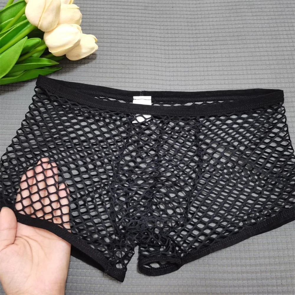 Big Fishnet Underwear Men Boxer Shorts Large Mesh Hole Sexy U Convex Fully Transparent Panties Plus Size Trunk M-XXL 250614