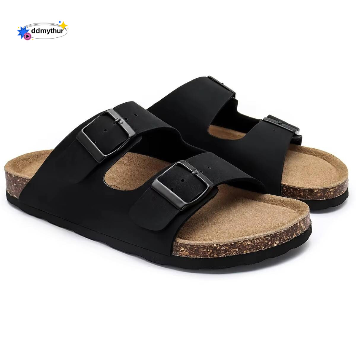 Women's Flat Cork Footbed Slide Sandals Arch Support Slip on Slides with Adjustable Buckle ddmythur