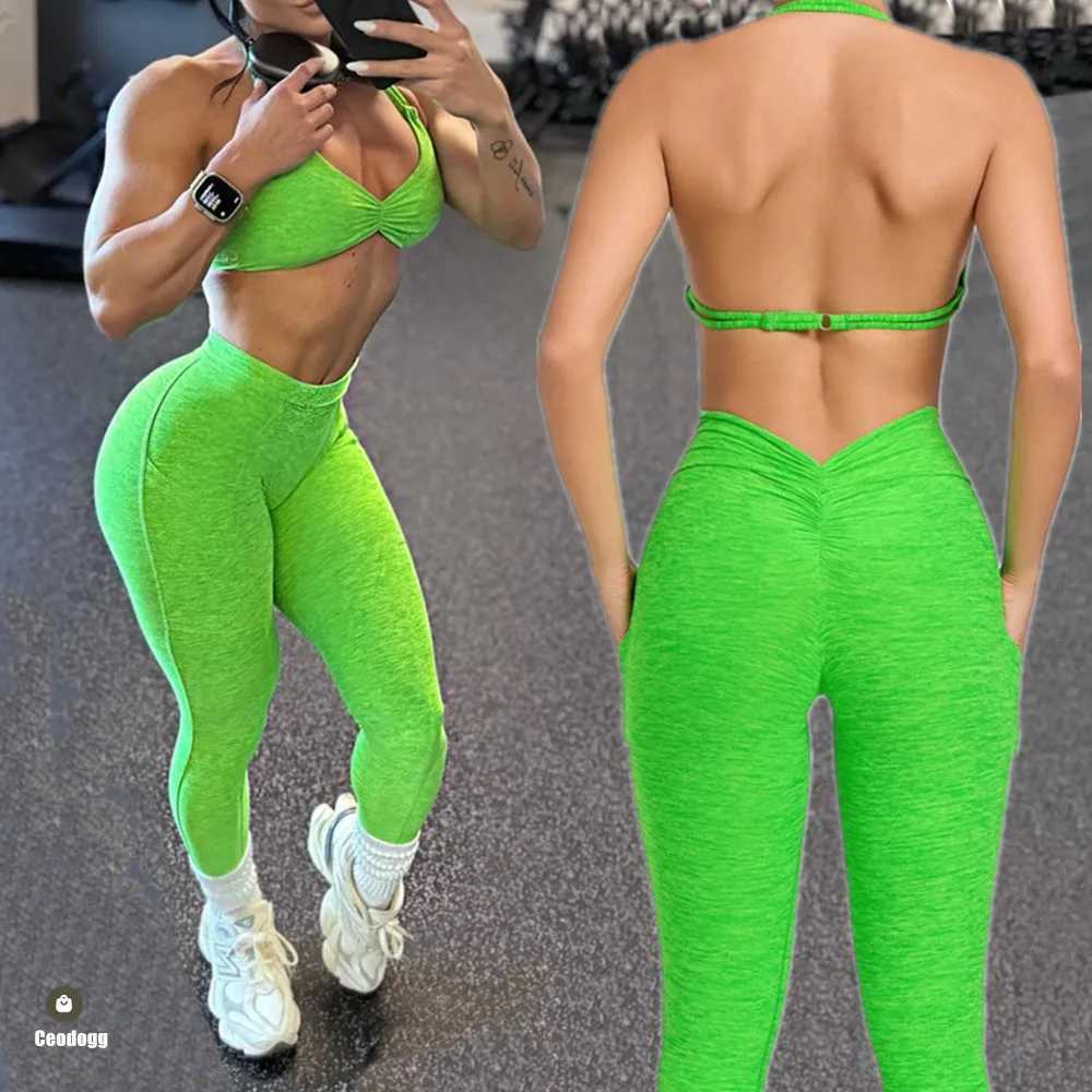 2PCS Women Tracksuit Adjustable Bra Set V Back Workout Pant Sport Gym Shorts High Waist Legging Active Wear XP02 W250617
