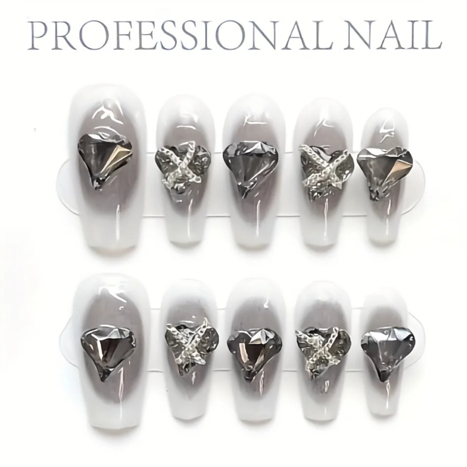 10pcs Handmade Press On Nails Black Gradient Fake Nails With Shining Heart Rhinestone Glossy Medium Ballet Shape Sweet F 250612