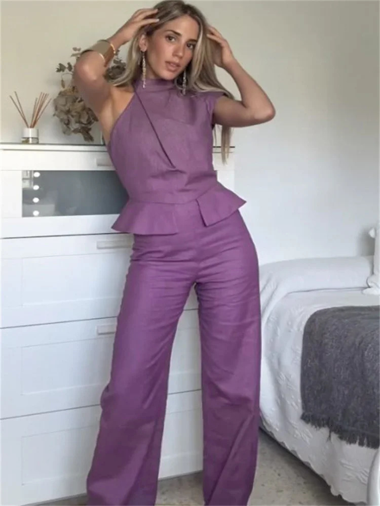Womens Jumpsuit Solid Halter Waist Cinching Sleeveless Pockets Wide Leg Bodysuit Lady One Piece Summer Lady Streetwears 250616