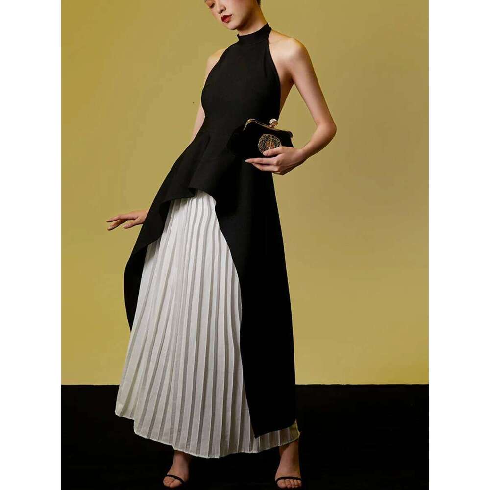 Designer Clothing 2025 Hit Color Two Piece Set For Women O Collar Irregular Tops High Waist Pleated Midi Skirts Sets Female Clothes