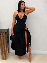New Fashion Solid Color Slim Fit Sexy Deep V Tie Backless Split Long Strap Dress For Women B5
