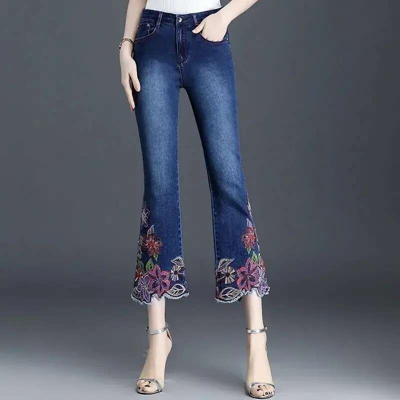 Trousers and Capris Womens Jeans High Waist Shot Straight Leg with Pockets Blue Pipe Pants for Women Cropped Embroidered Medium