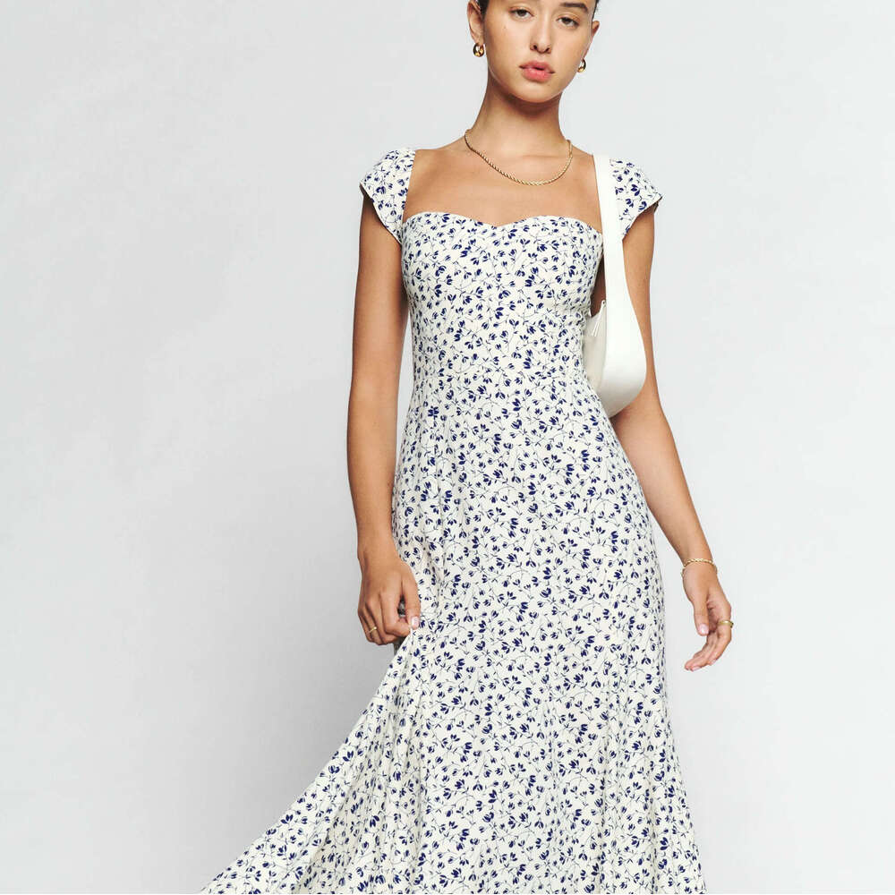 Long Dress Dresses for Woman Elegant Promdress N620 Summer 2025 Printed Polka Dot Square Neck Small Flutter Sleeve Dress Slim Fit Mid-length French St