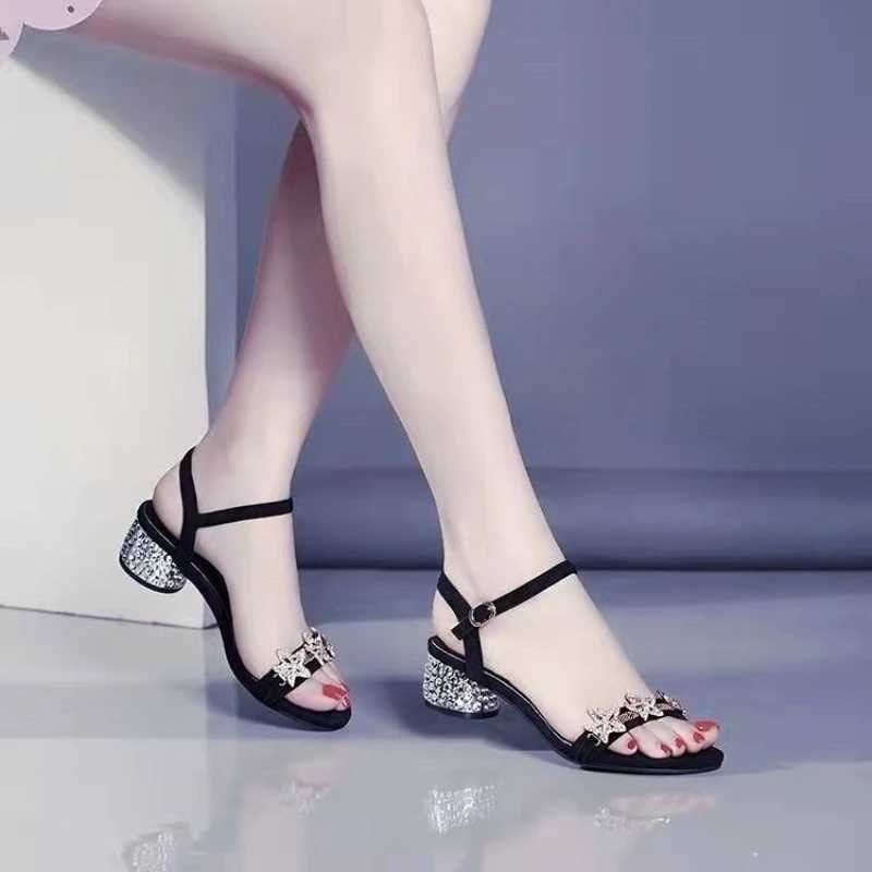 Ladies Shoes RhinESTones Open Toe With Medium Heels Womens Sandals Asian Size Comfortable and Elegant Sandal 2025 Shoe Z250617