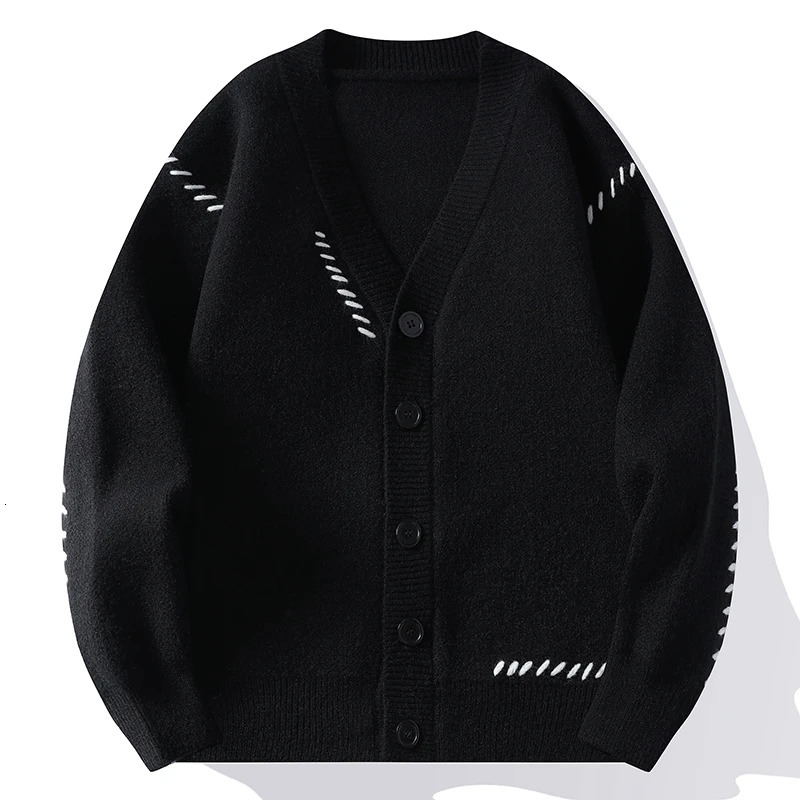 Autumn Winter V-Neck Knit Cardigan Men Harajuku Patchwork Loose Knitted Sweater Outerwear Coat Mens Fashion Casual Streetwear 250616