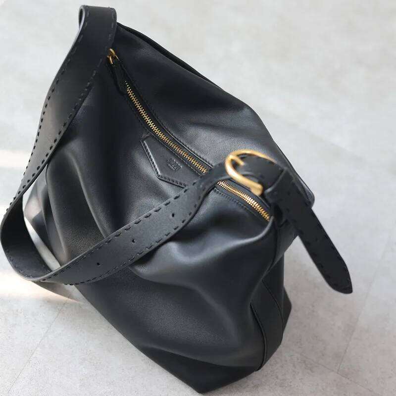 Large Size Black Genuine Leather Tote With Zipper Women Casual Soft Crossbody Shoulder Bag