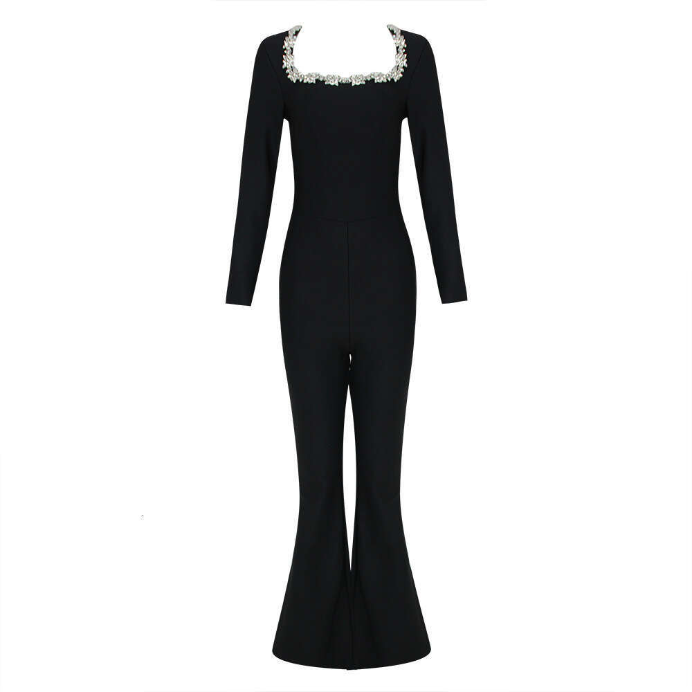 New Fashion Sexy High-Waisted Slim Fit Solid Color Jumpsuit with Rhinestones and Hollow Out Design