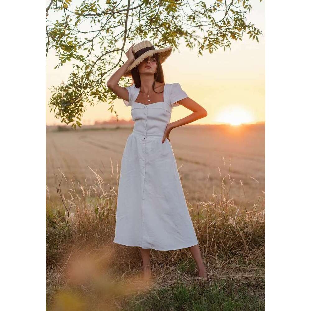 Dresses for Woman Party Vestido Dresses for Woman Dress Di Shi 427 Summer New 2025 Solid Color Square Neck Short Sleeve Linen Niche French Dress
