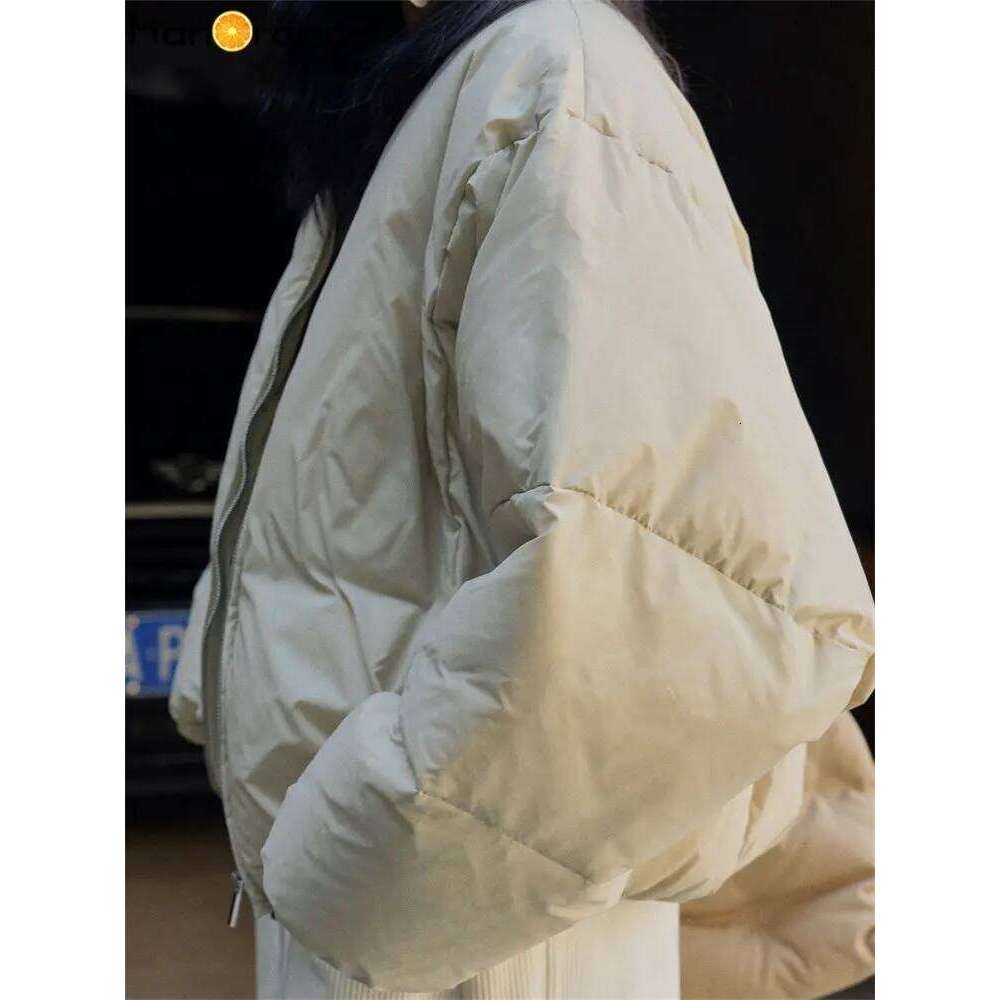 HanOrange 2024 New Year Capsule Casual Air Short Padded Jacket Women Loose Puffy Warm Parkas Female Black/Light Apricot