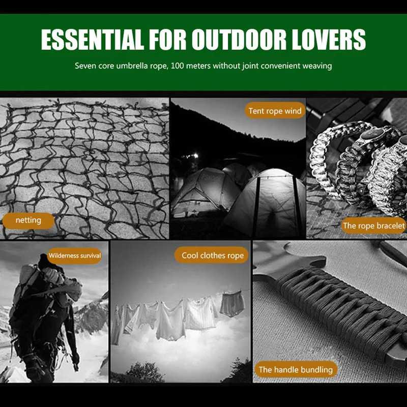Military Paracord for Outdoor Survival 9 Strand 4mm 650 50m 100m Tactical Parachute Cord Camping Weaving Rope 250611