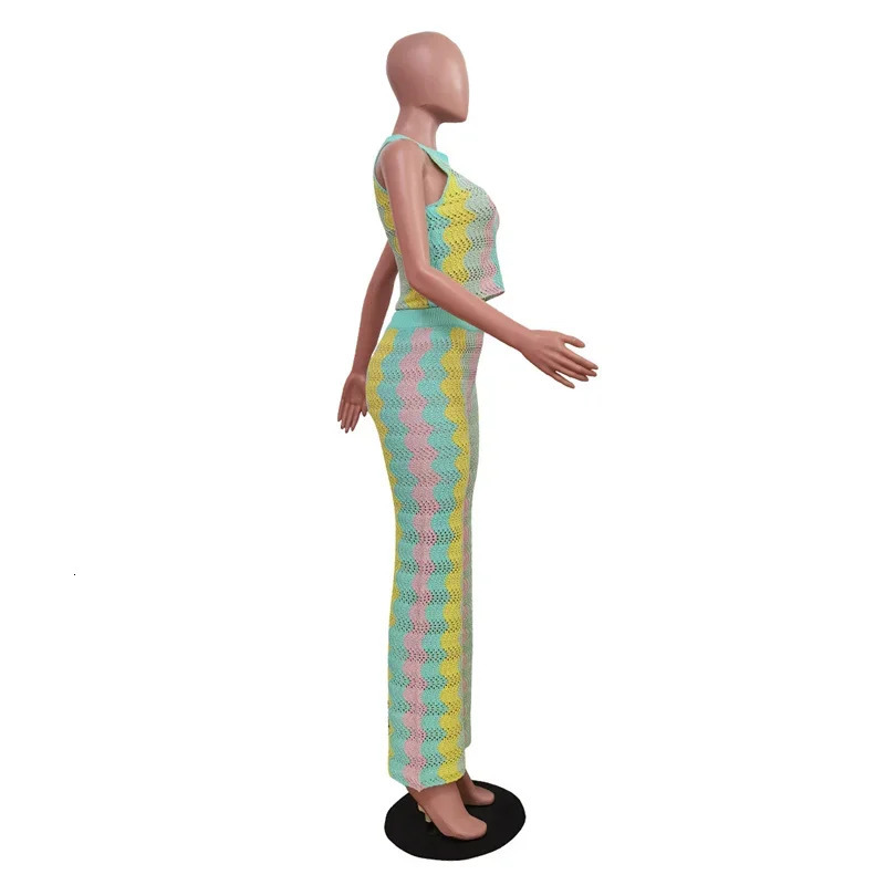 Knitted Striped 2 Piece Sets Women Outfit Summer Beach Vacation Sleeveless Crop Top and Flare Pants Matching Sets Club Party 250616
