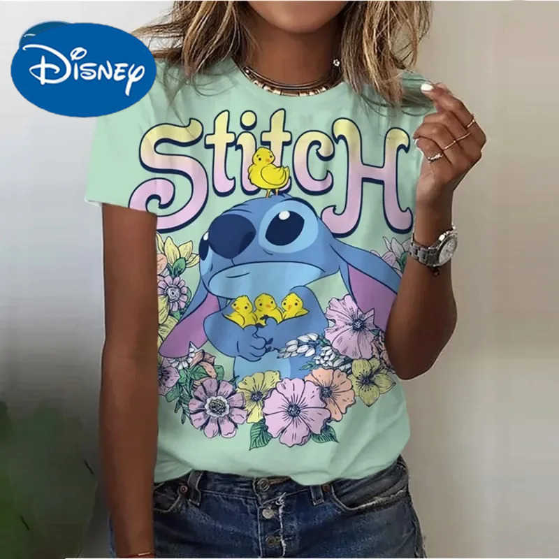 Disney 2024 Summer Disney Lilo Stitch 3D Print T-shirts For Women Cute Lady Summer T-shirts Casual O-neck Stitch T-shirts W250617
