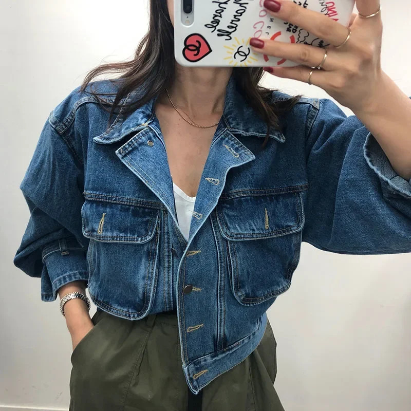 Cropped Oversized Denim Jacket Women Spring Autumn Outerwear Stylish Puff Sleeve Washed Blue Ladies Jeans Jackets Coat 250613