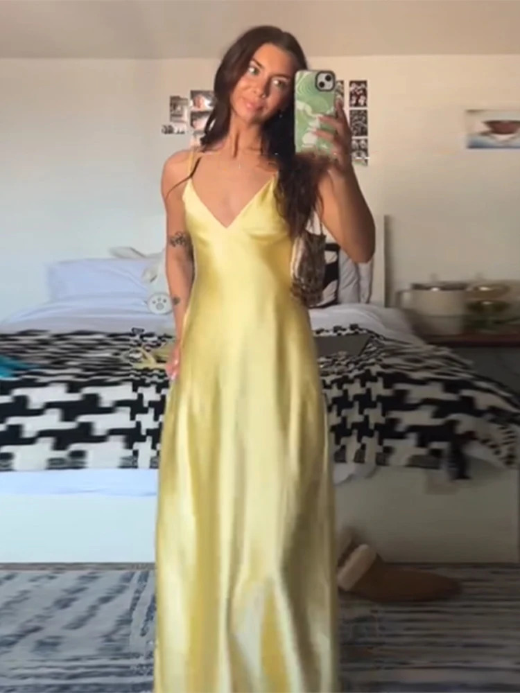 Sexy Yellow Ribbon Silk Satin Sling Dress Women Elegant Sling Collar Backless Long Dresses 2025 Women Beach Vacation Robes 250616