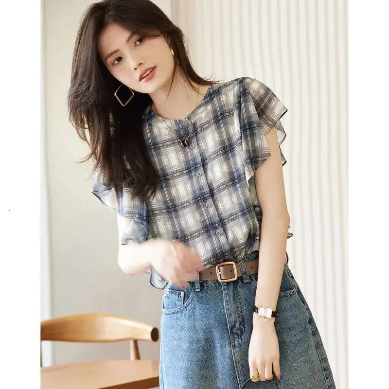 With Short Sleeve Woman Top Ruffle Shirts Blouses for Women Loose Print Frill Korean Popular Clothes New Collection 2025 M Xl