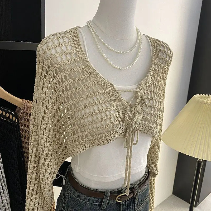 Hollow Out Short Style with Camisole Knitted Sweater for Womens Summer Loose Long Sleeved Cover Up Sun Protection Top 250616
