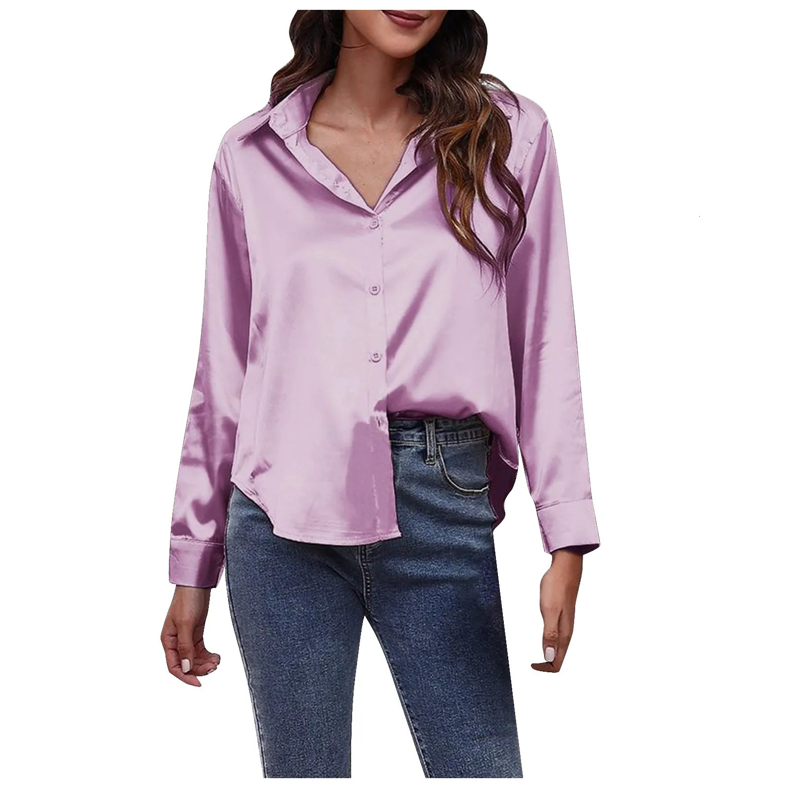 Fashion Solid Color Long Sleeved V-Neck Satin Silk Shirts For Women High Street Breathless Daily Chemise Femme Chic 250616