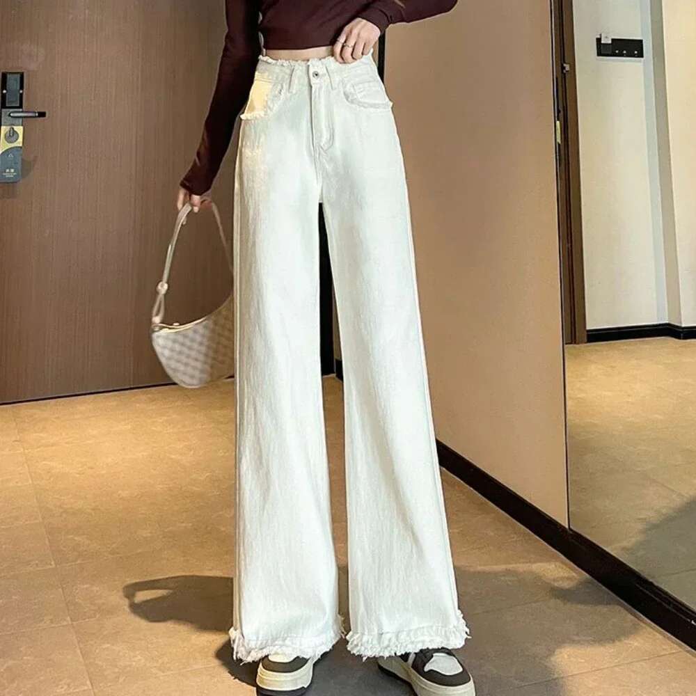 White Trousers High Waist Shot Blue With Pockets Pants For Woman Straight Leg Womens Jeans Medium Trend Unique Basics Fitted Z