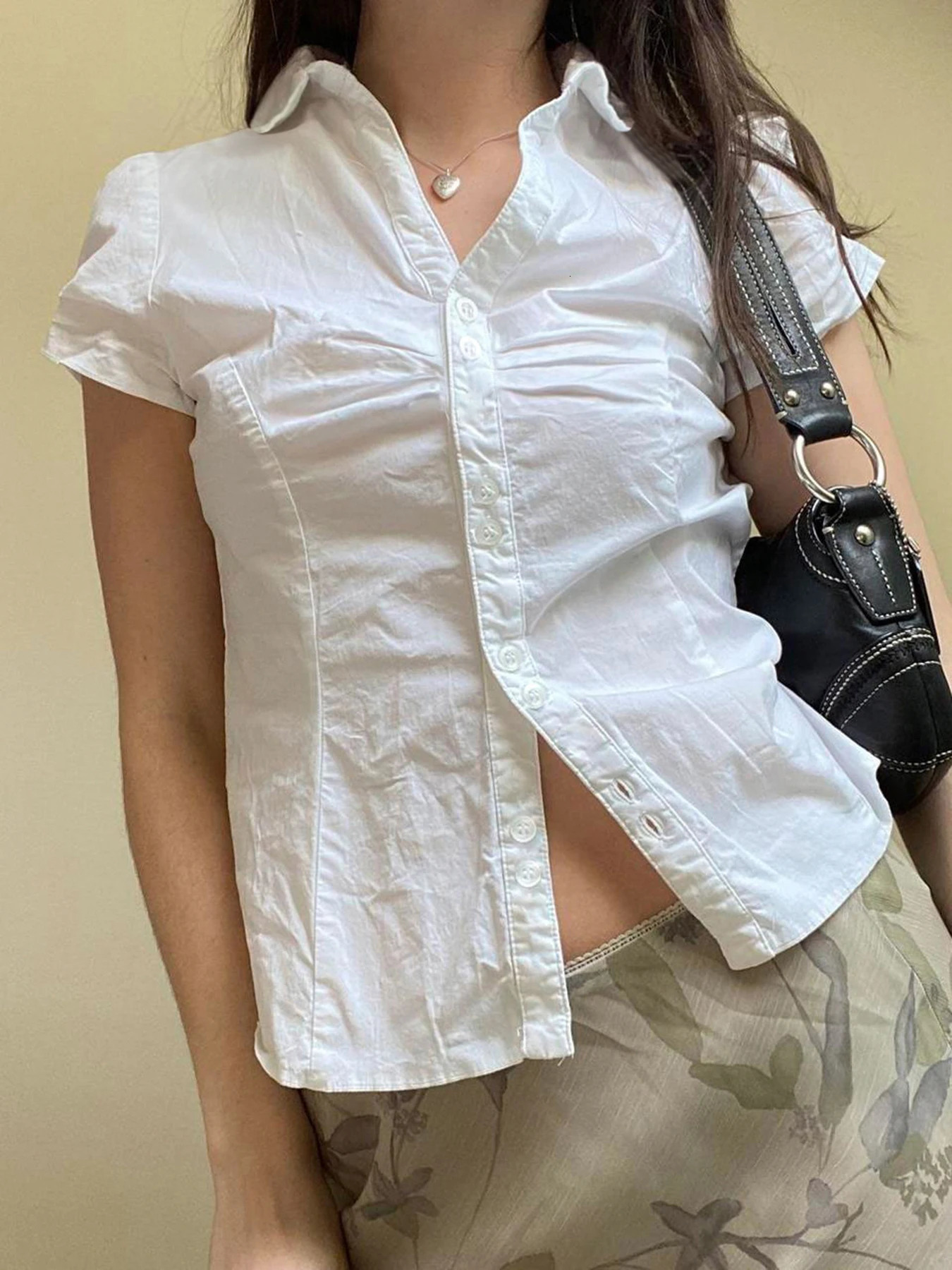 Solid Shirring Button Up Turn Down Collar Short Sleeve White Shirts Women Simple Casual Summer Clothes 250616