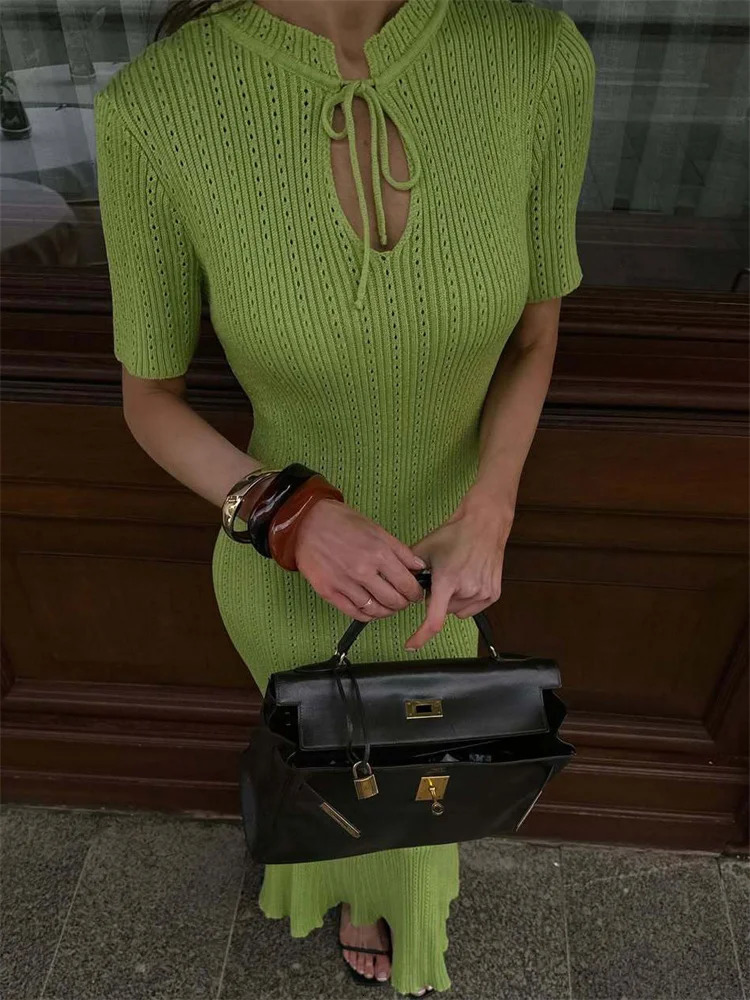 Tossy Knit Hollow Out Lace-Up Dress Female Ribbed Short Sleeve Patchwork High Waist Elegant Long Dress Womens Knitwear Dress 250616