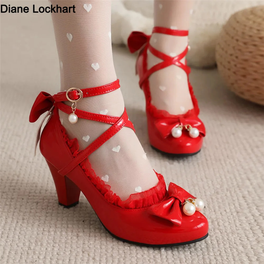 Spring Women High Heels Cross Strap Mary Jane Pumps Party Wedding Cosplay White Red Black String Bead Bow Princess Lolita Shoes 250613