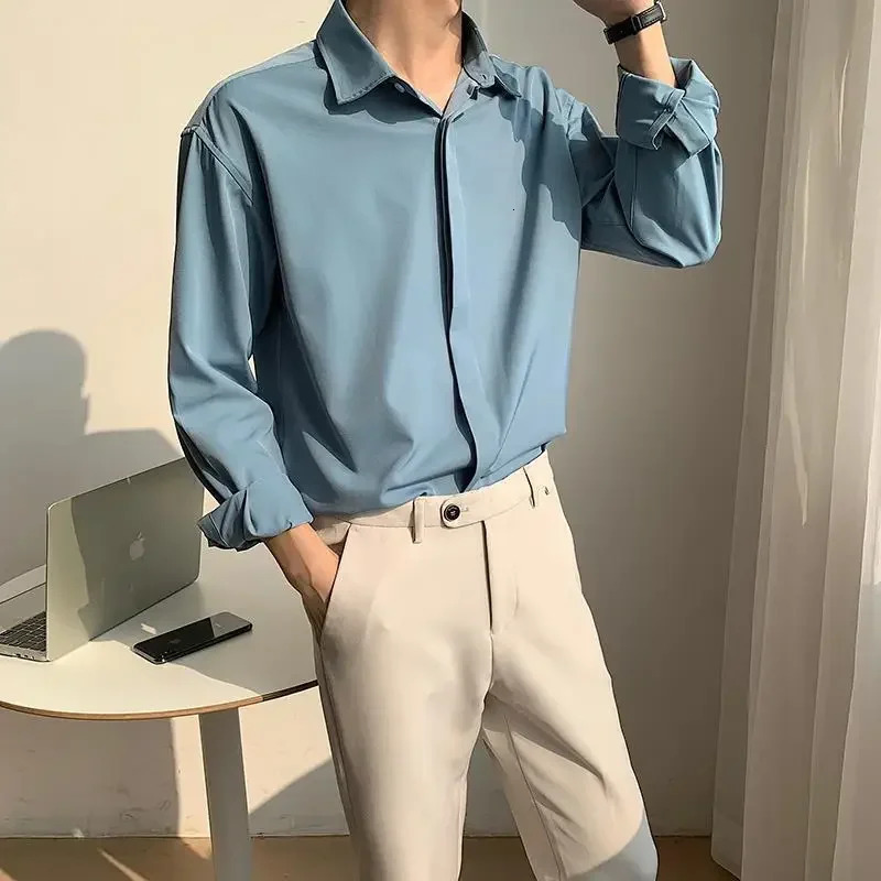Male Shirts Plain White Ice Silk Korean Clothes Mens Shirt With Sleeves Button Up Trend I Sale Style Cool Casual Xxl 250616