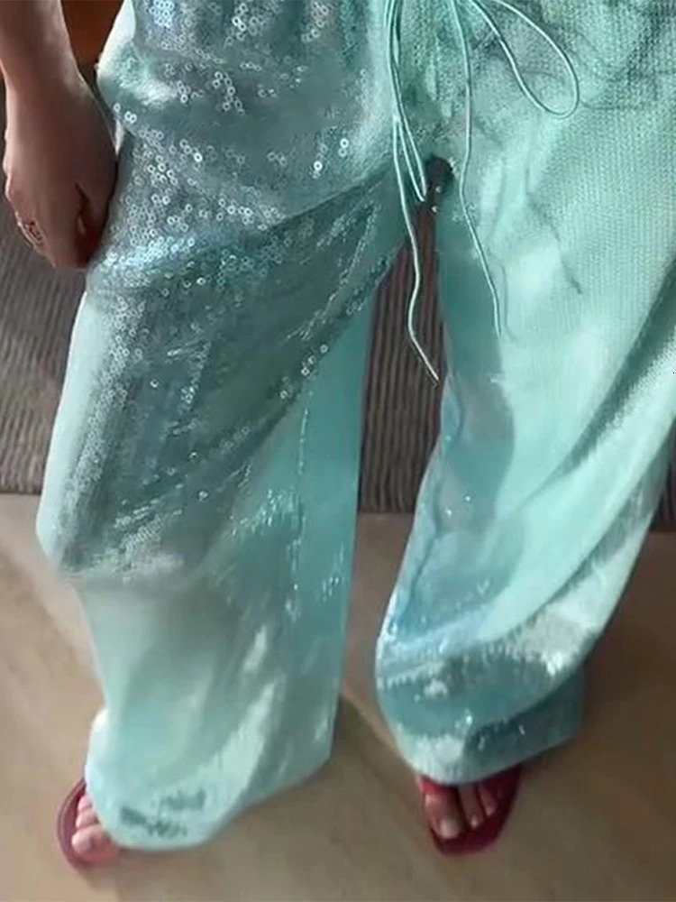 Fashion Sequined Pants Women Solid Loose Drawstring Wide Straight Party Club Trousers 2025 Spring Summer Chic Streetwears Lady 250616