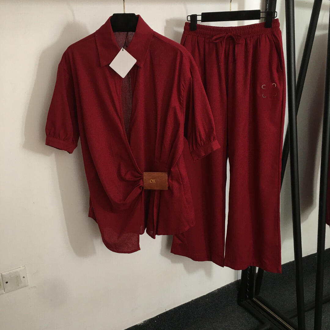 shirt women designer Linen set girl brand summer tracksuit set fashion Leather logo ladies short sleeved shirt lady color blocked elastic waist casual pants Jun 16
