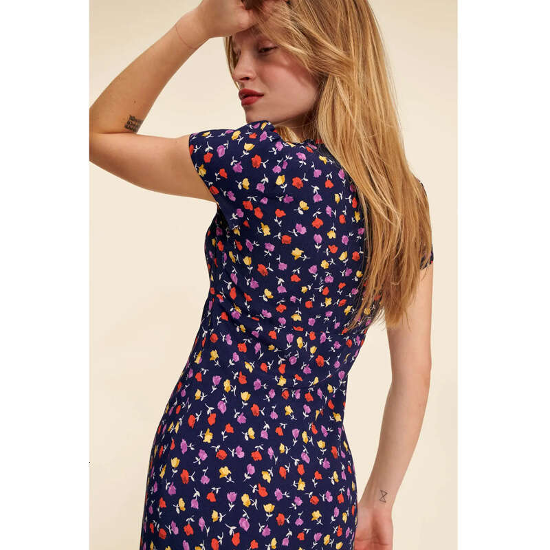 June Vestidos Devise Maxi Dress Vestido N643 Spring Summer 2025 Square Neck Printed Short Sleeve Mid-length Asymmetrical Cut French Dress