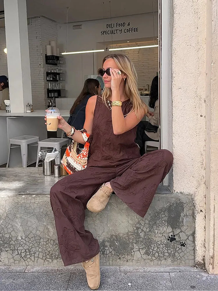 Chic Brown Floral Embroidery Pant Suit Women Casual O Neck Sleeveless Tops 2 Piece Sets 2025 Summer Daily Commute Street Outfit 250616