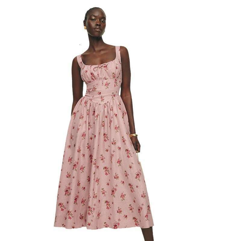 Designer Dresses for Women Whitedress Buttock 789 Summer New 2025 Linen Pink Square Neck Mid-length Vacation Dress French Style Women