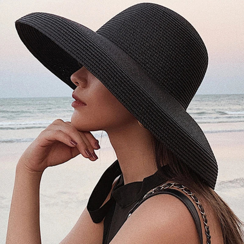 HT2303 Summer Sun Hats Ladies Solid Plain Elegant Wide Brim Hat Female Round Top Panama Floppy Straw Beach Hat Women 250616