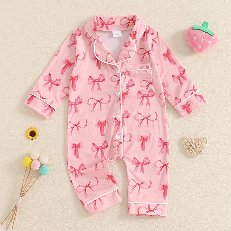 Baby Girl Fall Sleepwear Romper Cute Bow/Strawberry Print Button Down Long Sleeve Lapel Full Length Jumpsuit 250617
