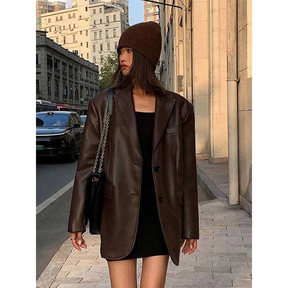 Solid Color Leather Women's Jacket Casual Loose Vintage Turndown Collar Jackets Autumn New Fashion Retro Women Coat Outerwears