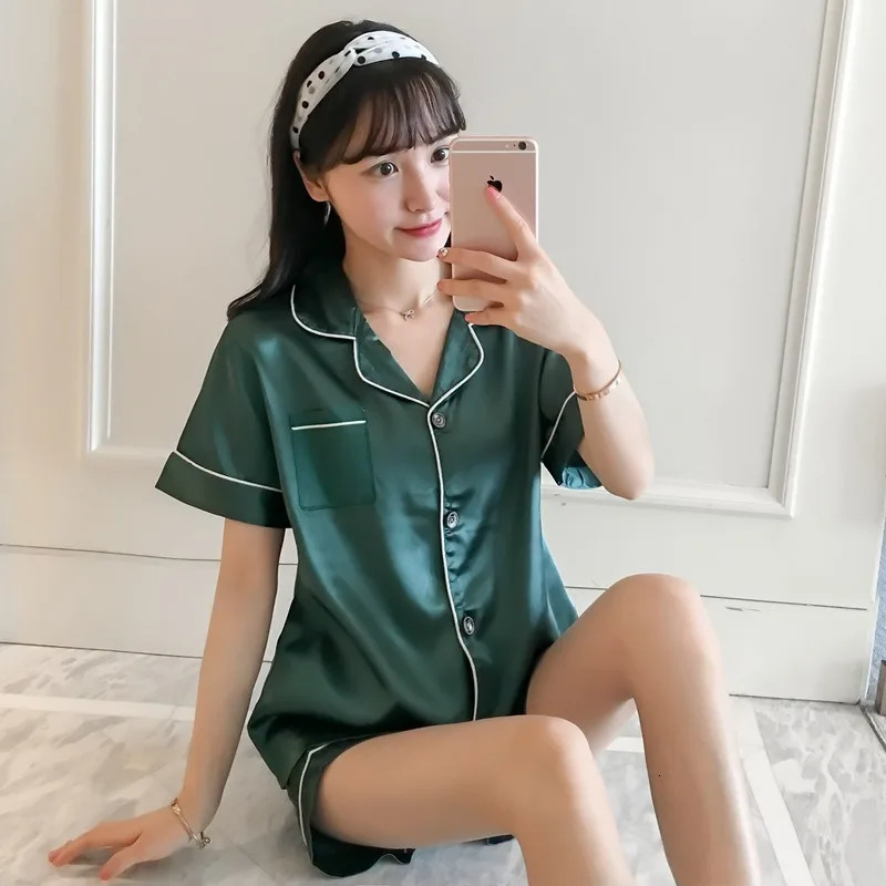 Womens Pajamas Set Satin Sleepwear Button Down Tops and Shorts Pajama 2 Piece Suit Pyjama Femme Nightwear Loungewear for Summer 250616