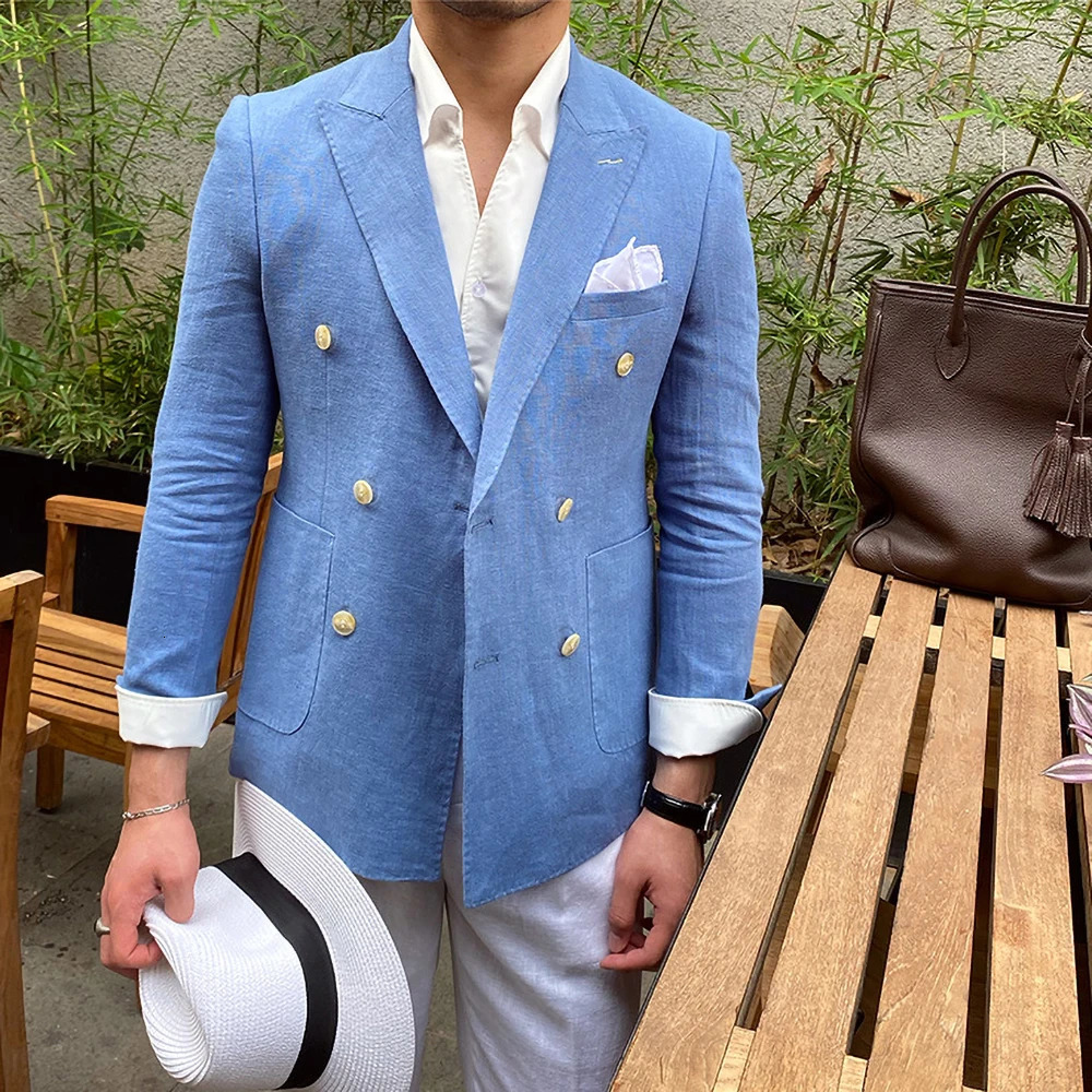 Summer Linen Men Blazer Casual Metal Double Breasted Men Suit Jacket Business Office Social Daily Custom Slim Coat 250617