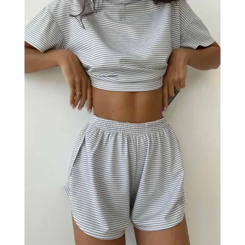 Womens Stripe Pajamas Set Short Sleeve T-Shirt And Shorts Sleepwear 2 Piece Set For Women Home Casual Loose Round Neck Pajamas 250616