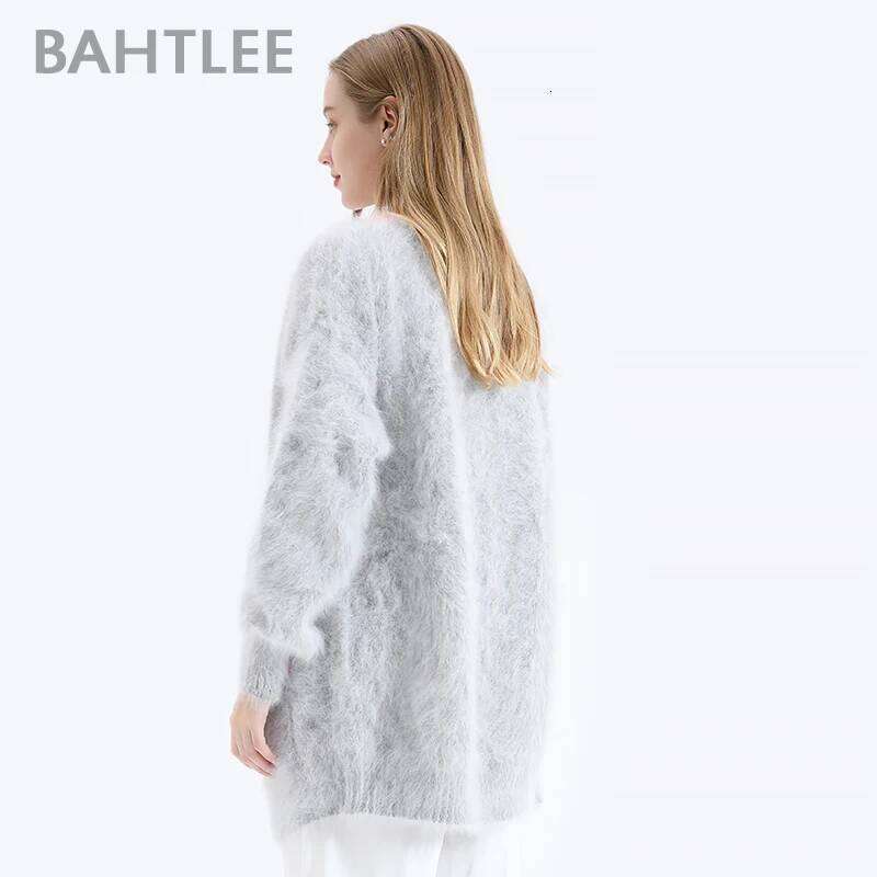 BAHTLEE-Knitted Cardigans for Women, Sweater with Pocket, Wool Angora Coat, Long Sleeves, V-Neck, Patchwork, Winter