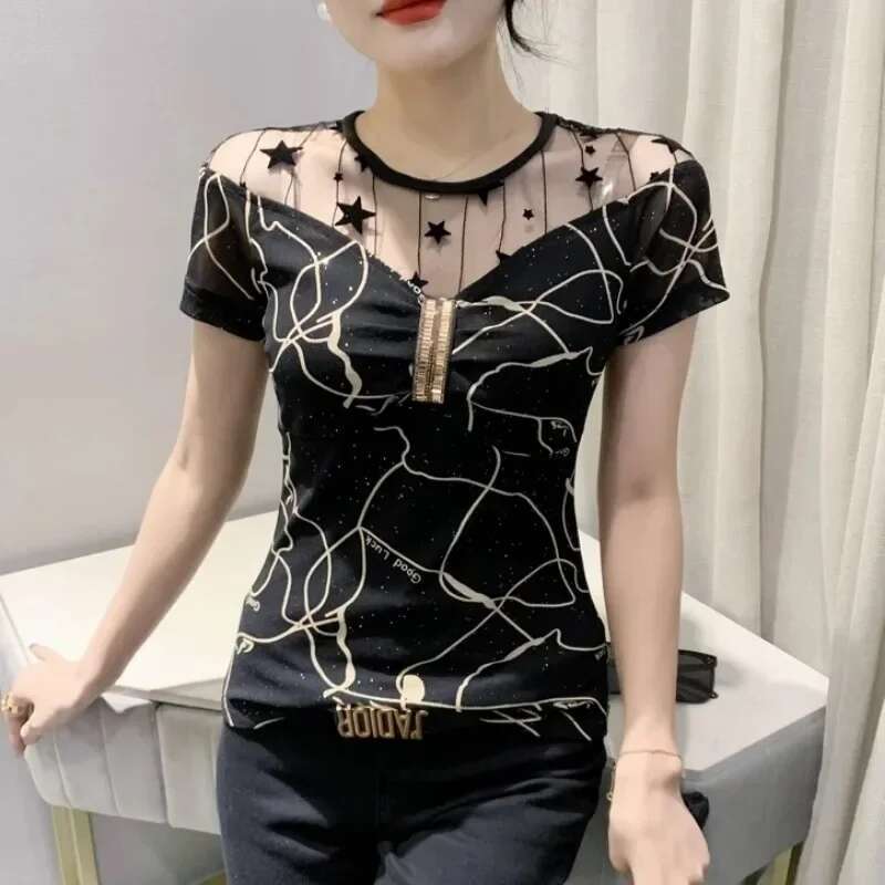 Short Sleeve Womens T-shirt Lace Female Top Japanese Vintage Clothes Y2k Fashion Korea Clearance Tee Korean Trending Clothing