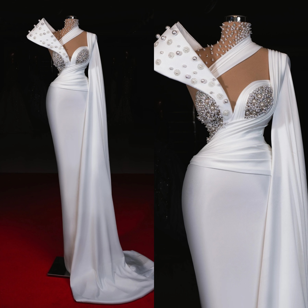 Modern Wedding Dresses High Neck Bridal Gowns Pearls Mermaid Rhinestone One Shoulder Slim Customized Bride Vestidos De Novia Plus Size