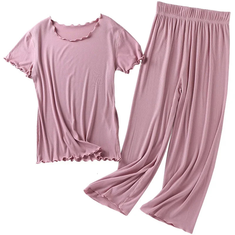 Japanese summer ladies cotton modal short-sleeved nine-point pants suit home service suit womens large size home pajamas 250616