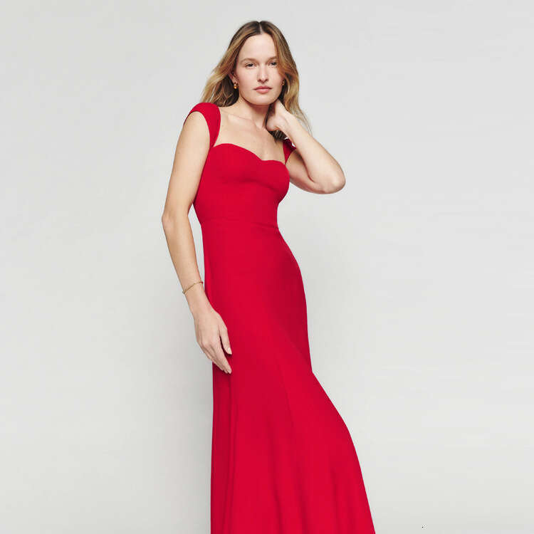 Womens Dress Goth Tender N620 Summer 2025 Bright Red Square Neck Small Flutter Sleeve Dress Slim Fit Mid-length French Style Women