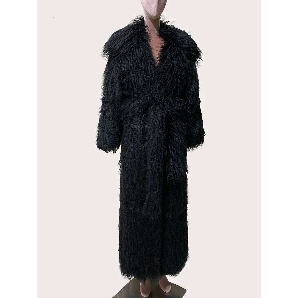Mauroicardi Winter Extra Long Black Thick Warm Shaggy Fluffy Fuzzy Faux Fur Coat Women Sashes Elegant Maxi Furry Overcoat