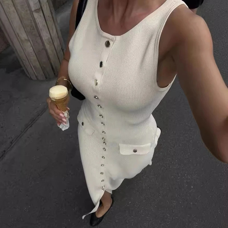 TARUXY Elegant Sleeveless Single-Breasted Ribbed Knitwear Long Dress For Women High Waist Bodycon Knitted Pocket Dress 250614