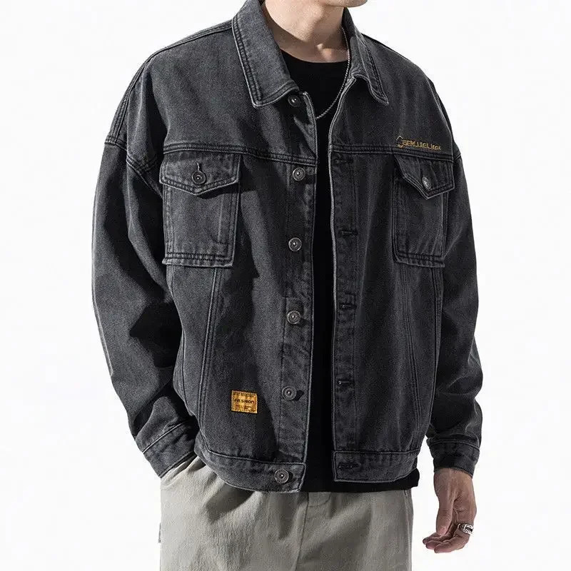 Mens Denim Jacket Blue Button Male Jean Coats with Embroidery Loose Big Size Worn Casual Cowboy Low Price Stylish Trendy 250616