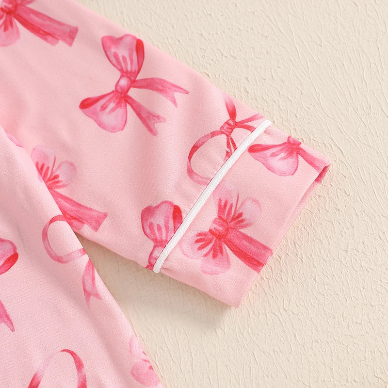 Baby Girl Fall Sleepwear Romper Cute Bow/Strawberry Print Button Down Long Sleeve Lapel Full Length Jumpsuit 250617