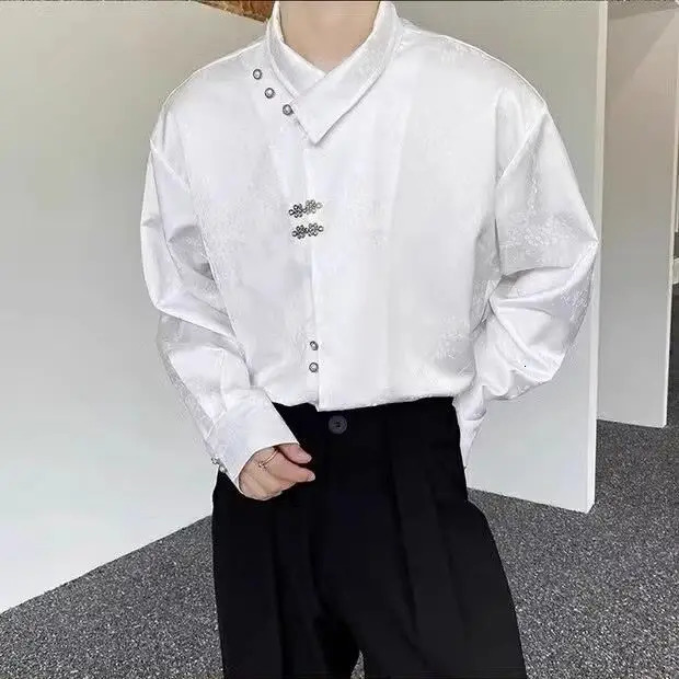 Style National Style Satin Irregular Dark Pattern Stand Collar Trendy Retro Metal Plate Button Long-sleeved Shirt for Men Women 250616